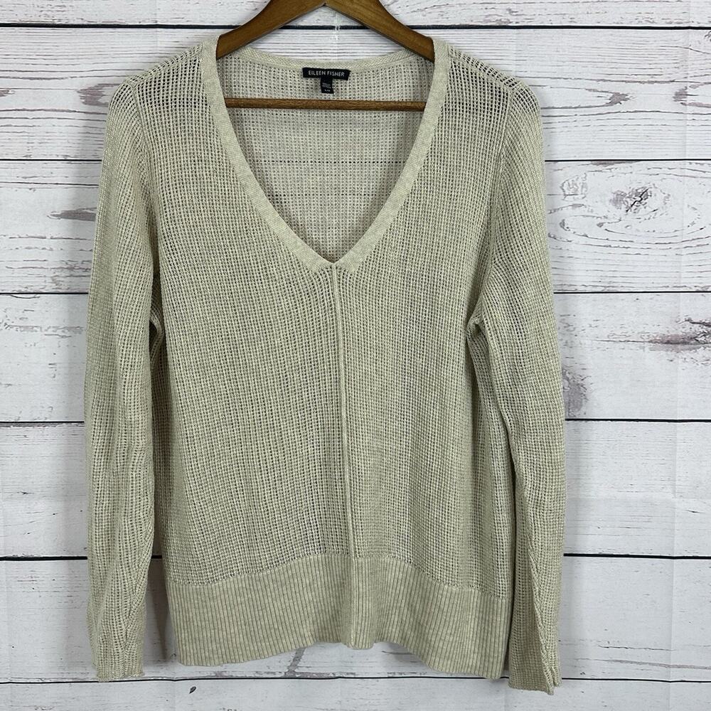 Eileen Fisher Sweater Womens Large Beige Open Knit Beachy Tencel Merino Wool